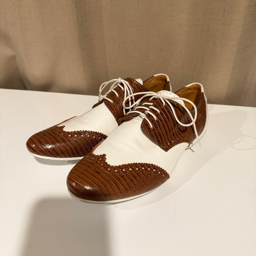 Peter Millar Womens Brown Lizard White Leather Wingtip Golf Shoes Size 9W Brazil